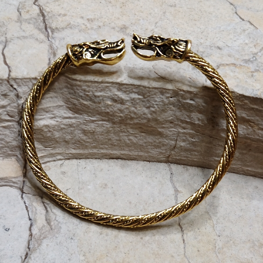 Gold Tone Dragon Head Bangle Bracelet